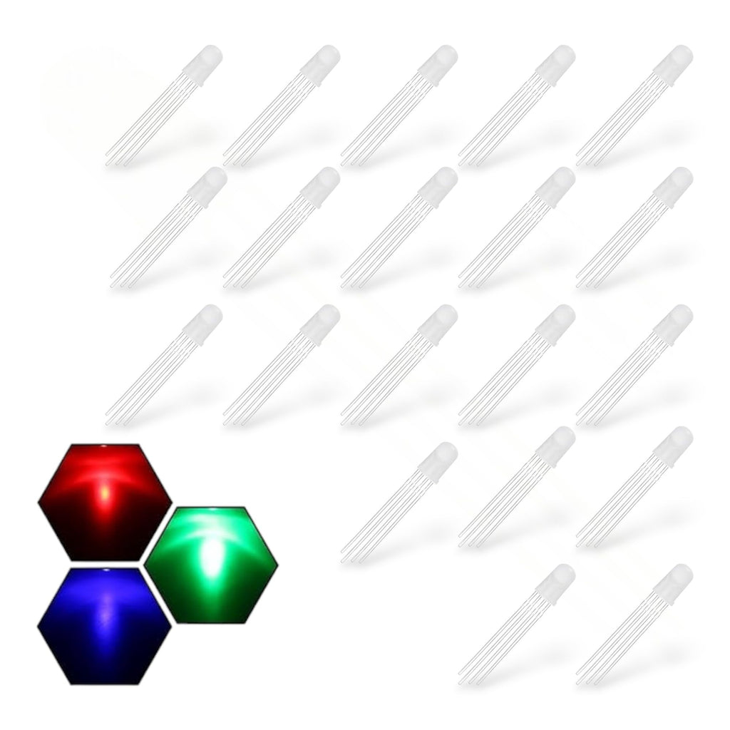5mm Round RGB LED 4-Pin Through Hole White Diffused (Common Anode) – Pack of 20