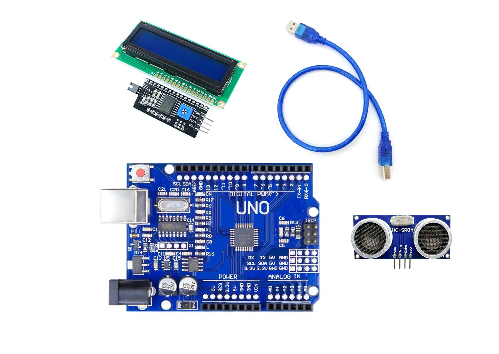 Arduino UNO R3 SMD with cable, HC-SR04 & 16X2LCD w/h I2C Adapter